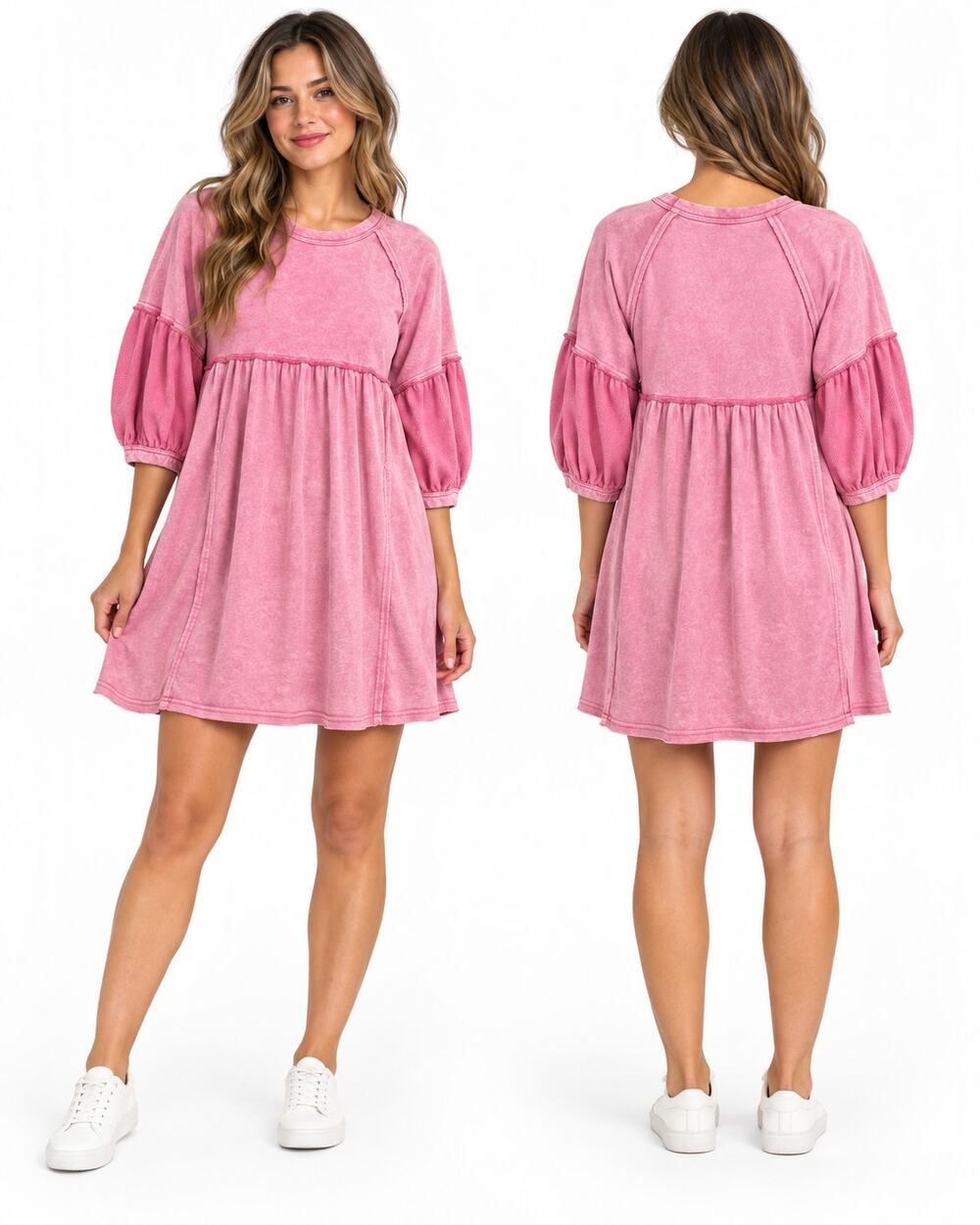 Mittoshop L Pink Mineral Wash French Terry Puff Sleeve Babydoll Mini Dress
